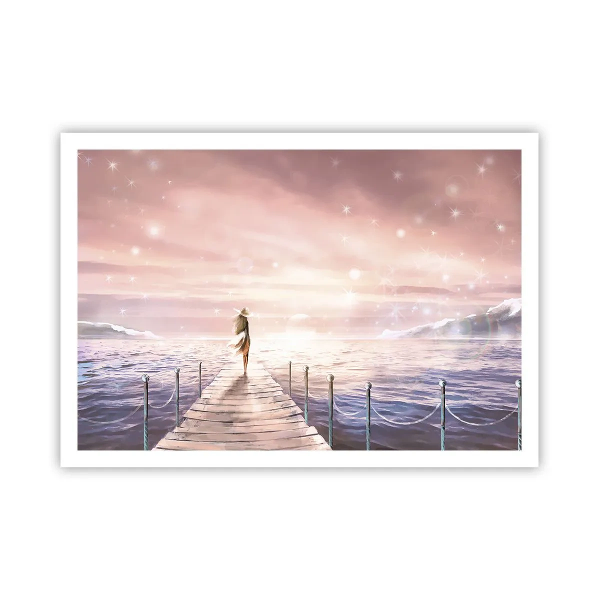 Póster - Una mujer en un embarcadero en un entorno mágico de puesta de sol. - 100x70cm - A la luz de un sueño - Decoración de pared moderna para salón y dormitorio ARTTOR
