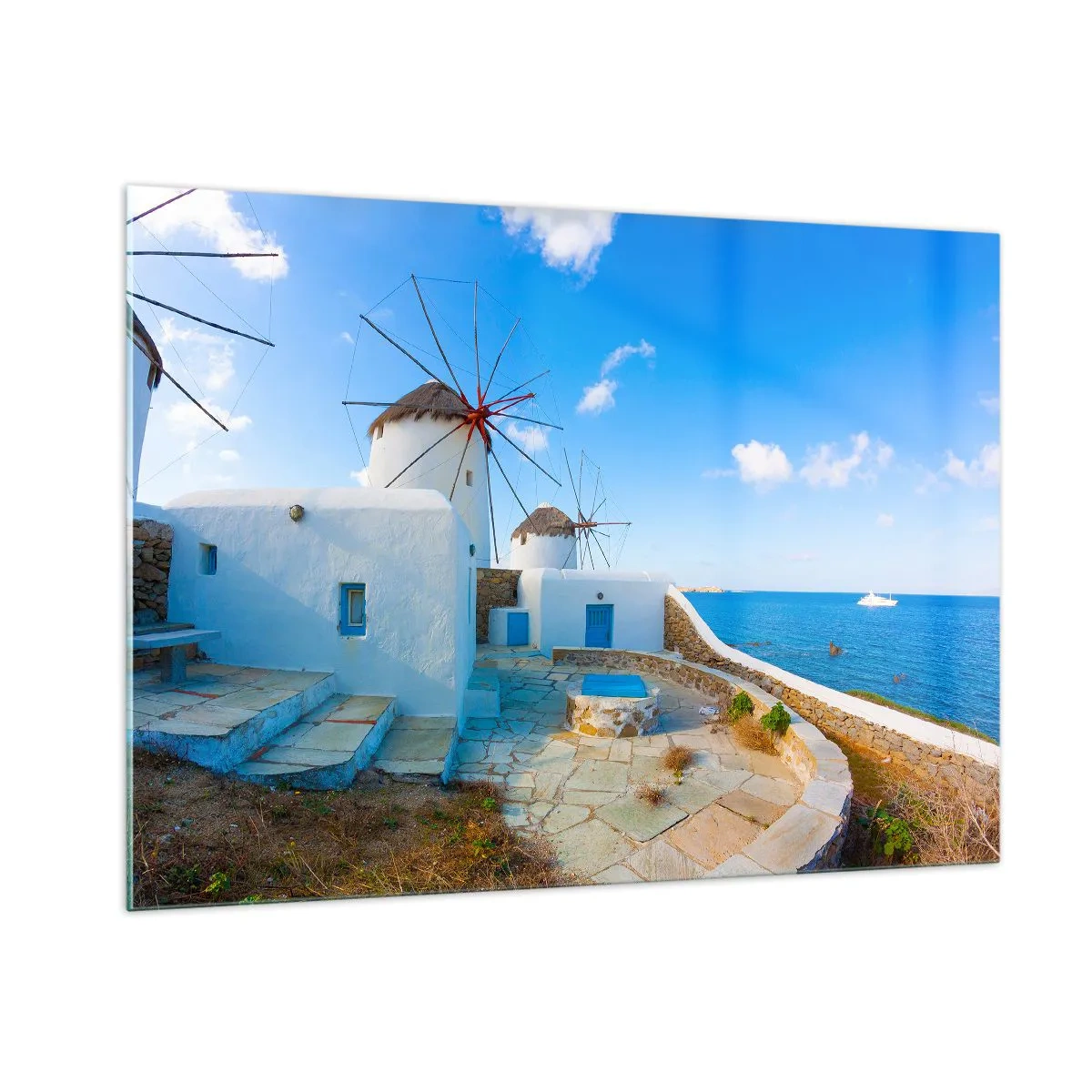 Cuadro sobre vidrio - Impresiones sobre Vidrio - Molinos de viento en la costa del Egeo - 100x70cm - Viento azul marino - Decoración de pared moderna para salón y dormitorio ARTTOR