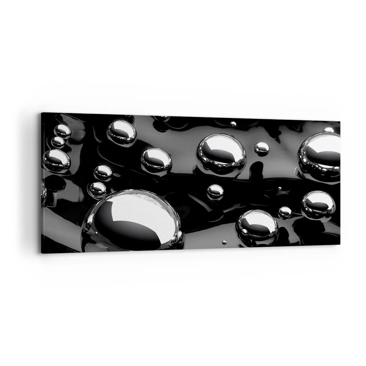 Cuadro sobre lienzo - Impresión de Imagen - Gotas abstractas sobre una superficie negra - 120x50cm - De las negras profundidades - Decoración de pared moderna para salón y dormitorio ARTTOR