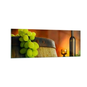 Cuadro sobre vidrio - Impresiones sobre Vidrio - Uvas en un barril de vino con un esquema de colores cálidos en el fondo. - 140x50cm - Bodegón con botella de vino y racimo de uvas - Decoración de pared moderna para salón y dormitorio ARTTOR