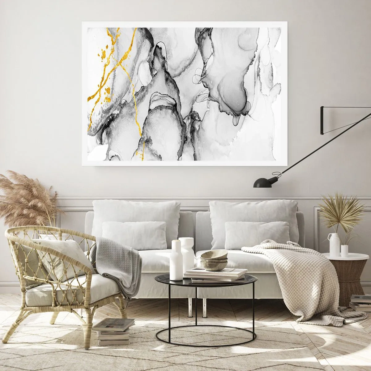 Póster - Patrones abstractos en blanco y negro con acentos dorados - 100x70cm - Composición con motivo de oro - Decoración de pared moderna para salón y dormitorio ARTTOR