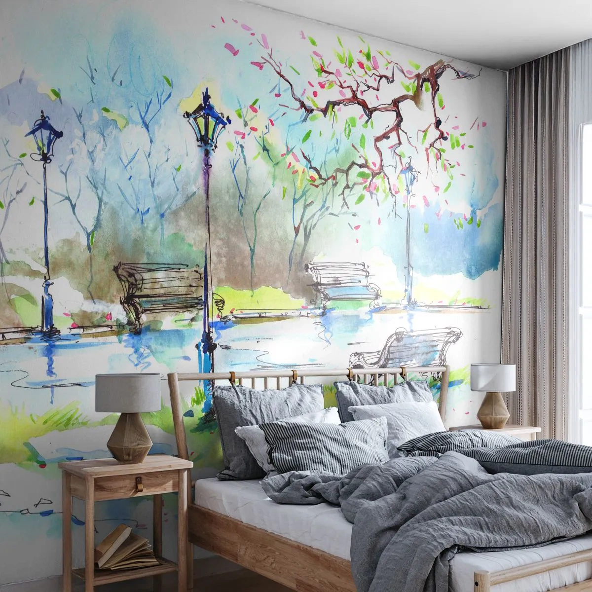 Fotomural Premium Sand - Un parque romántico con bancos y faroles en acuarela. - 100x70cm - El encanto del silencio del parque - Decoración de pared moderna para salón y dormitorio ARTTOR