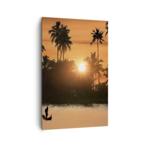 Cuadro sobre lienzo - Impresión de Imagen - Puesta de sol sobre palmeras y un lago tranquilo con un barco. - 80x120cm - Tiempo de descanso - Decoración de pared moderna para salón y dormitorio ARTTOR