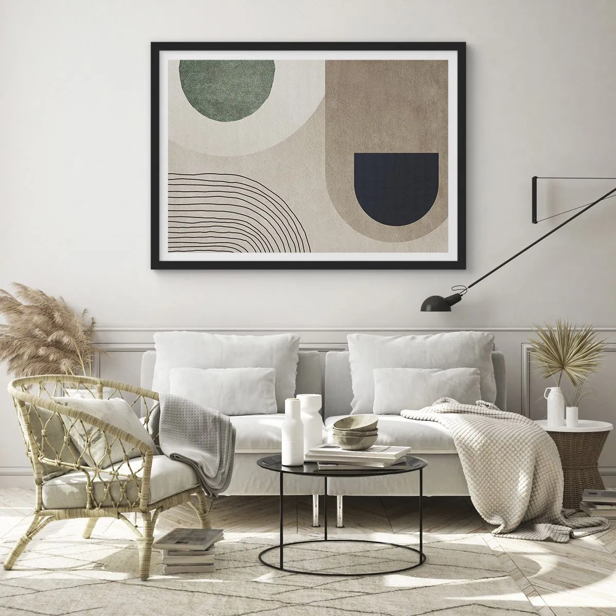 Póster en marco negro - Formas geométricas en tonos beige y verde. - 100x70cm - La delicadeza de un óvalo - Decoración de pared moderna para salón y dormitorio ARTTOR