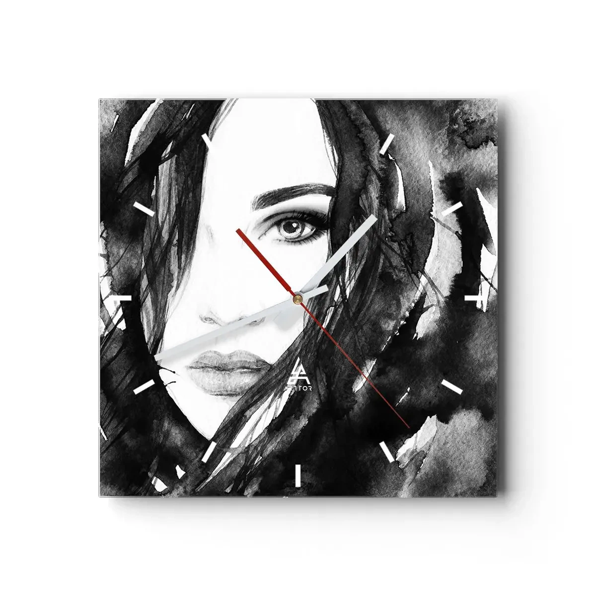 Reloj de pared - Reloj de vidrio - Retrato de una dama en blanco y negro - 40x40 cm