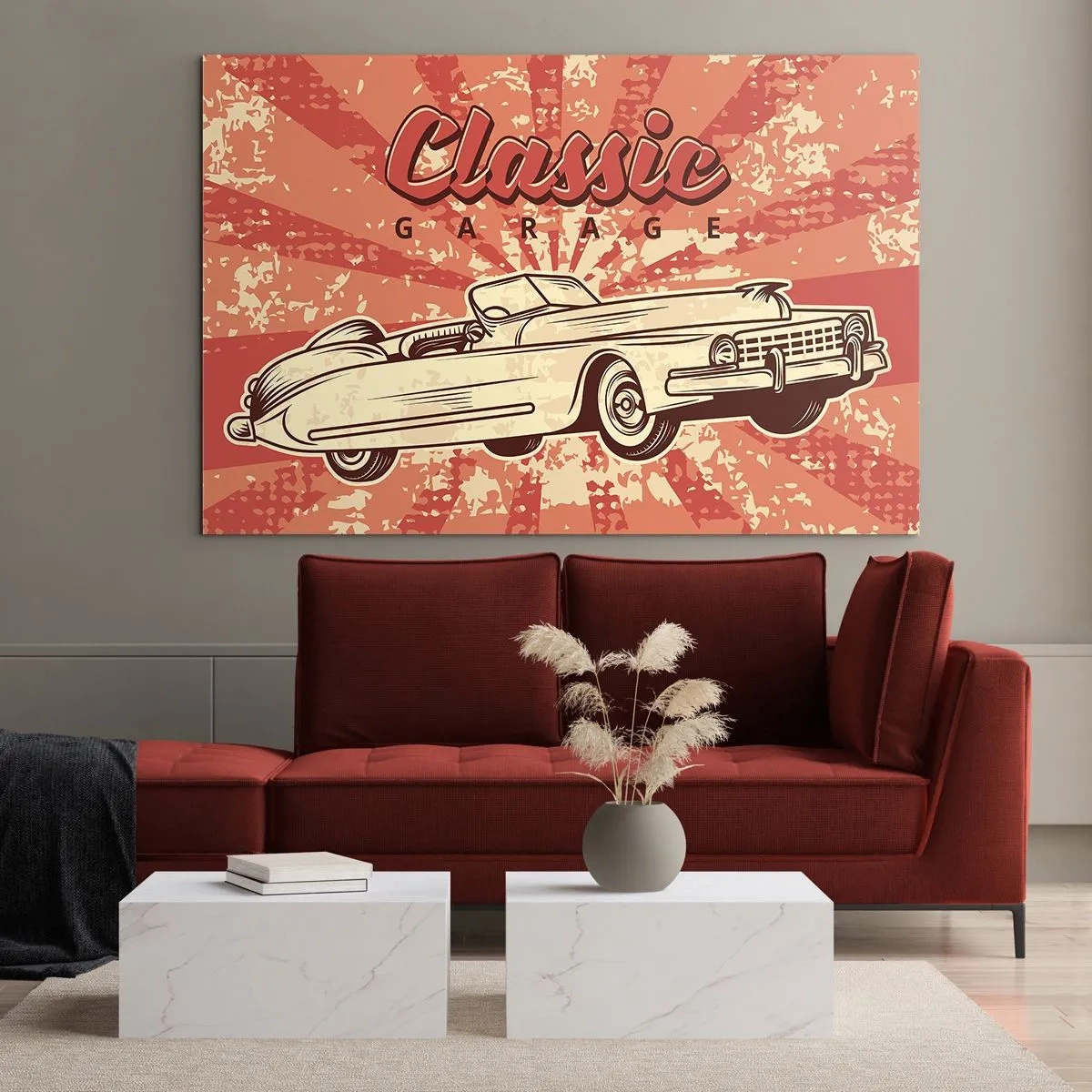 Cuadro sobre vidrio - Impresiones sobre Vidrio - Gráfico retro de un coche clásico sobre un fondo de rayos. - 100x70cm - Y Elvis en la radio - Decoración de pared moderna para salón y dormitorio ARTTOR
