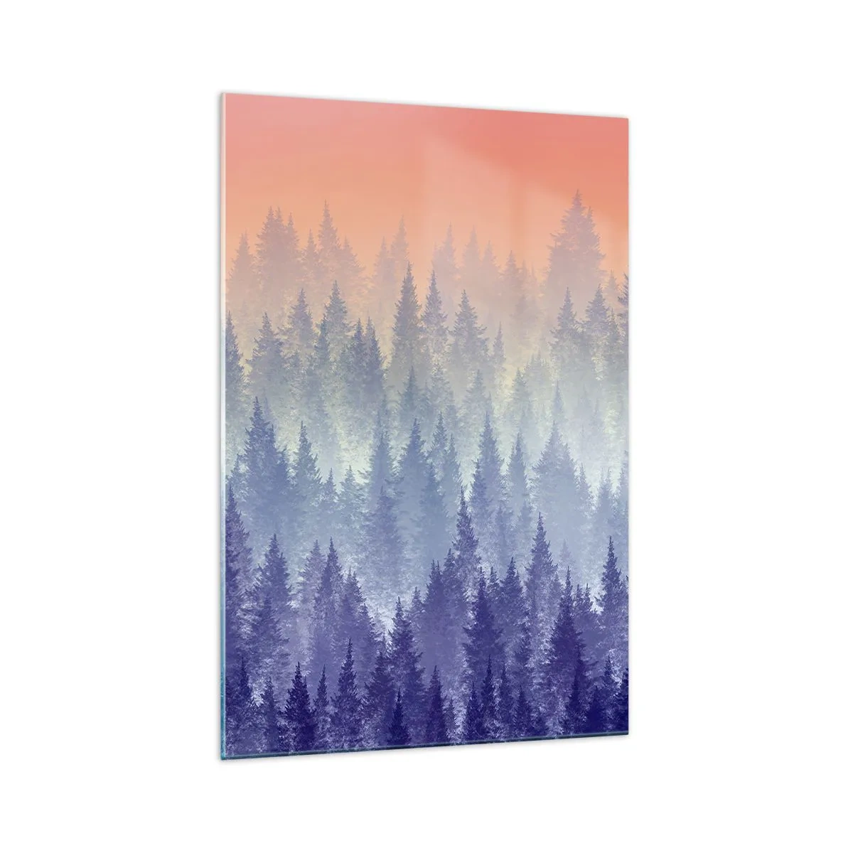 Cuadro sobre vidrio - Impresiones sobre Vidrio - Un bosque brumoso en tonos morados y naranjas. - 70x100cm - Alto, más alto, hasta el cielo - Decoración de pared moderna para salón y dormitorio ARTTOR