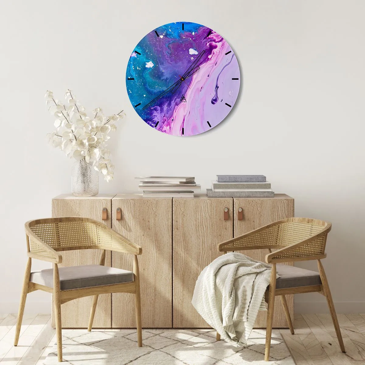 Reloj de pared - Reloj de vidrio - Colores abstractos en tonos morados y azules. - 30x30cm - Yin y yang - Decoración de pared moderna para salón, cocina y dormitorio ARTTOR