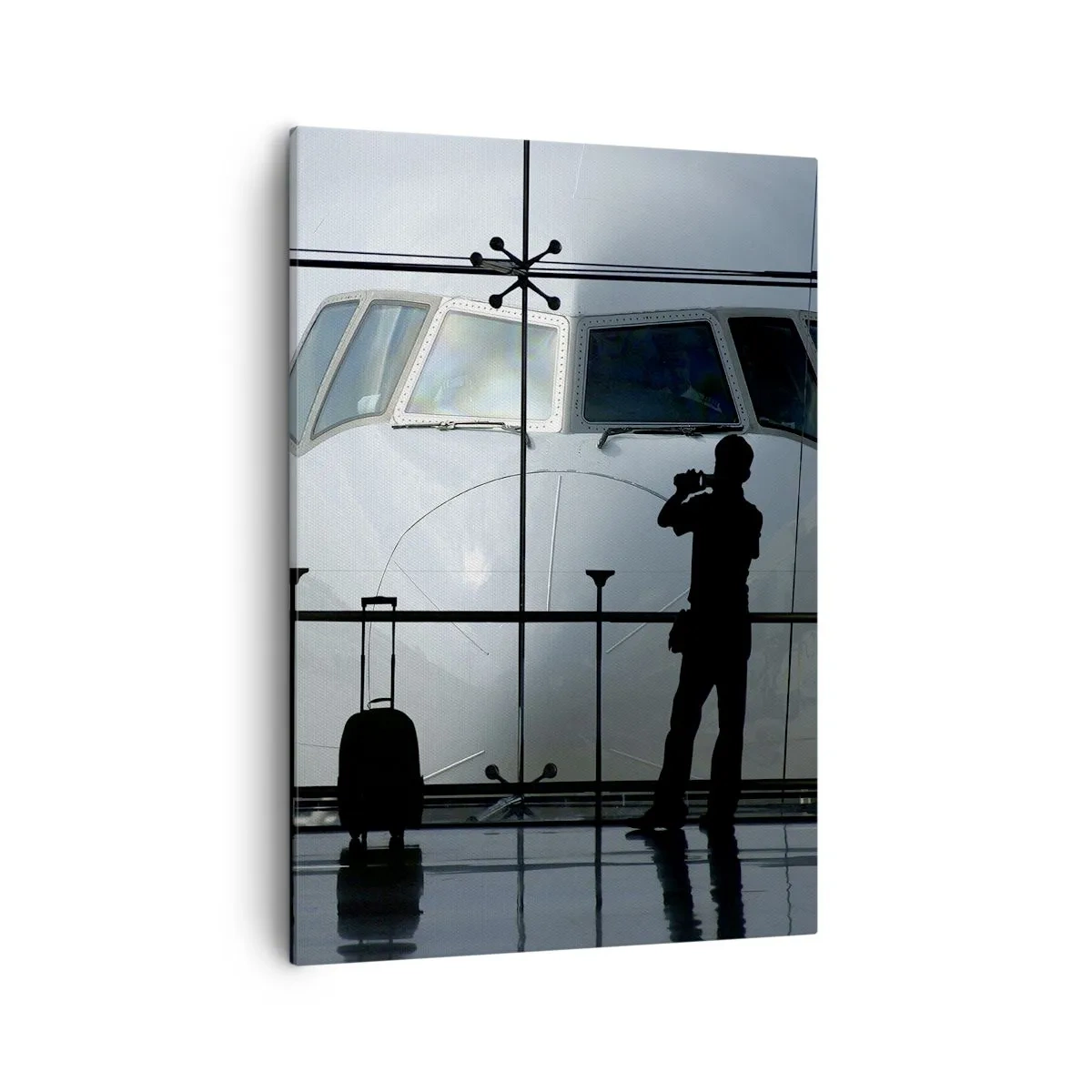 Cuadro sobre lienzo - Impresión de Imagen - Aeropuerto con siluetas de personas y una vista del avión. - 50x70cm - Vis a vis en el aeropuerto - Decoración de pared moderna para salón y dormitorio ARTTOR