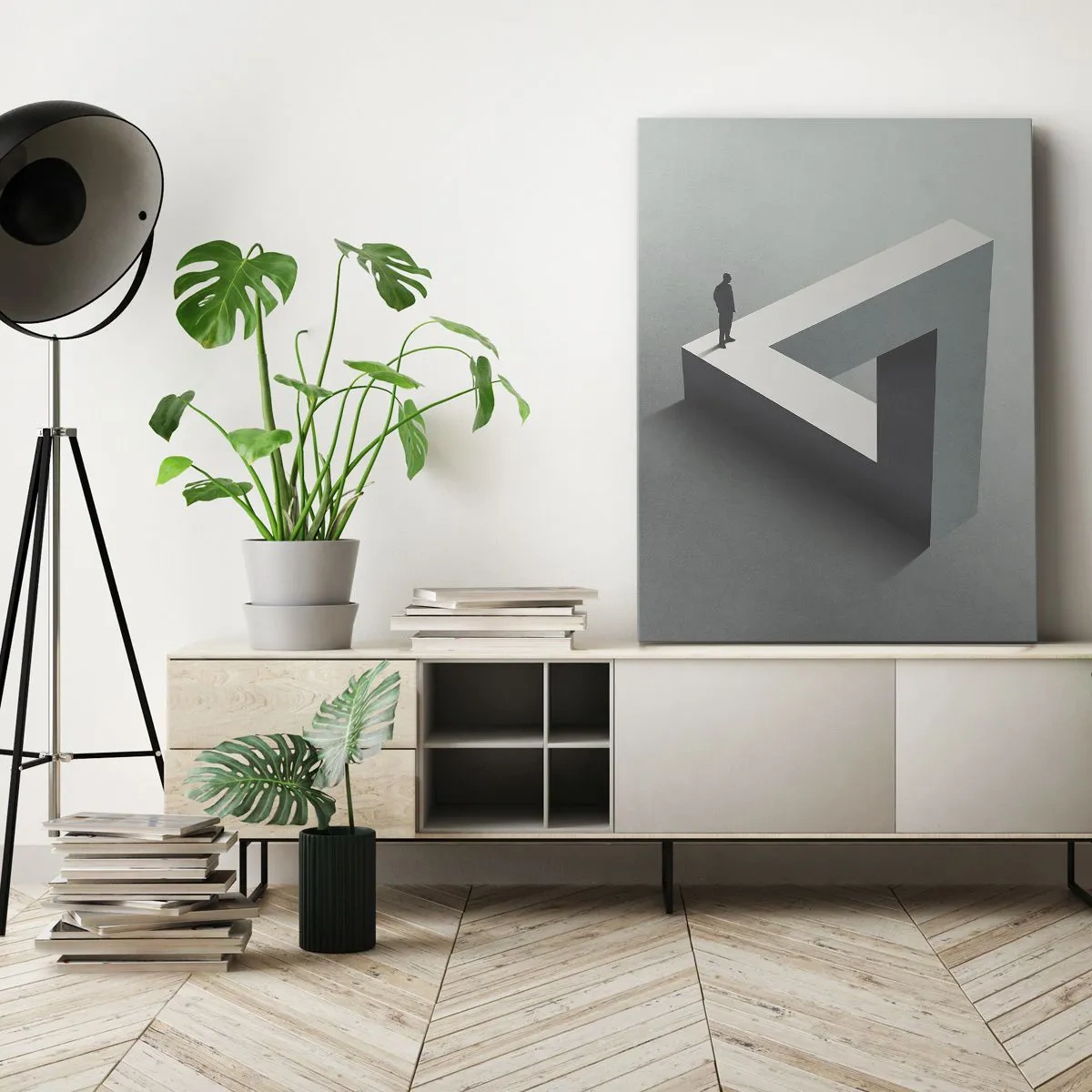 Cuadro sobre lienzo - Impresión de Imagen - Una figura parada sobre un triángulo de Penrose en tonos de gris. - 50x70cm - Y, sin embargo, es posible - Decoración de pared moderna para salón y dormitorio ARTTOR