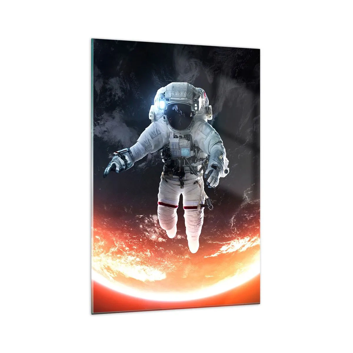 Cuadro sobre vidrio - Impresiones sobre Vidrio - Un astronauta flotando sobre una Tierra iluminada por el sol. - 70x100cm - ¿Puedo quedarme un rato más? - Decoración de pared moderna para salón y dormitorio ARTTOR