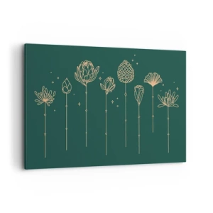 Cuadro sobre lienzo - Impresión de Imagen - Dibujos dorados de hierbas sobre un fondo verde oscuro. - 120x80cm - La familia vegetal - Decoración de pared moderna para salón y dormitorio ARTTOR