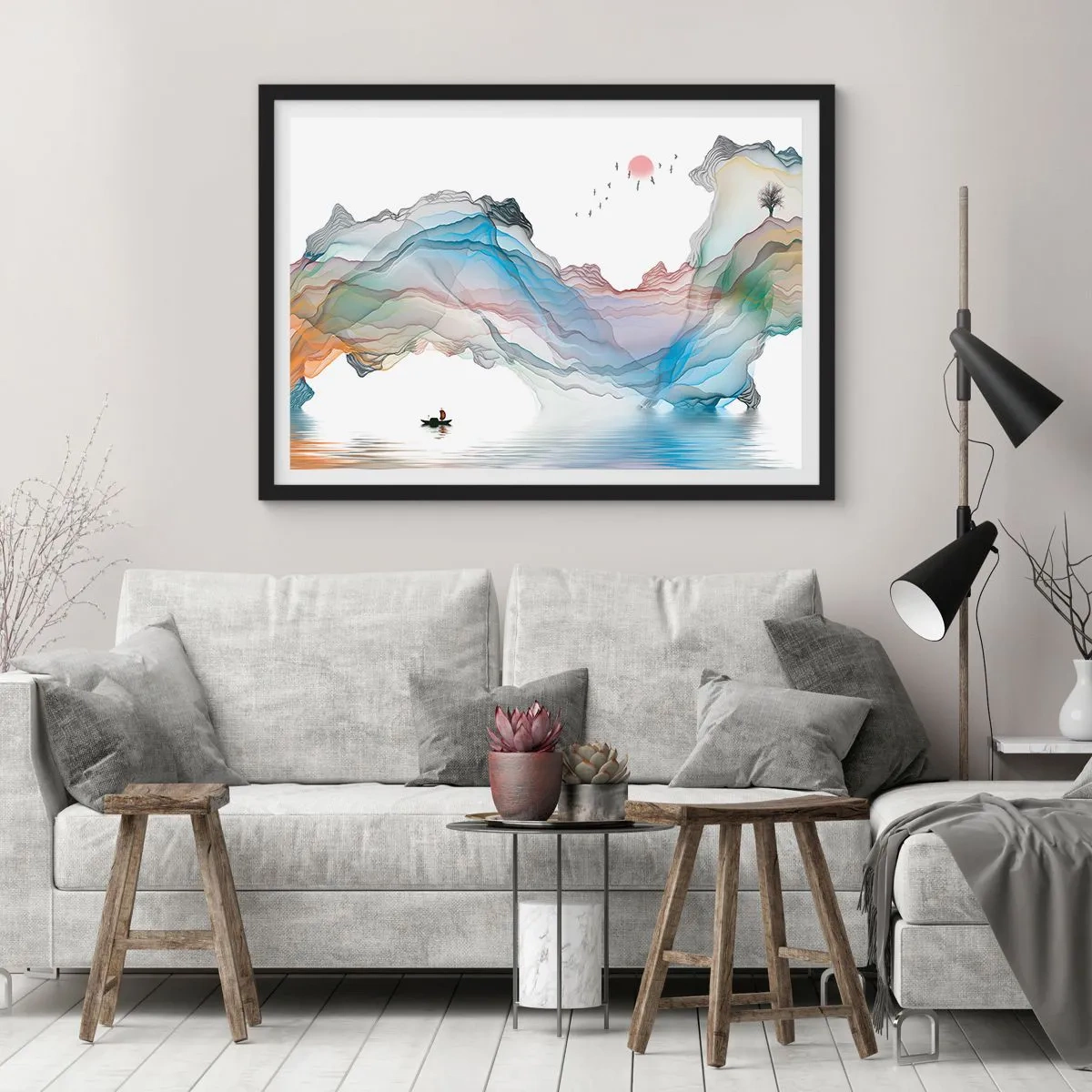 Póster en marco negro - Un paisaje sutil con montañas, agua y un barco. - 70x50cm - Hacia las montañas de cristal - Decoración de pared moderna para salón y dormitorio ARTTOR