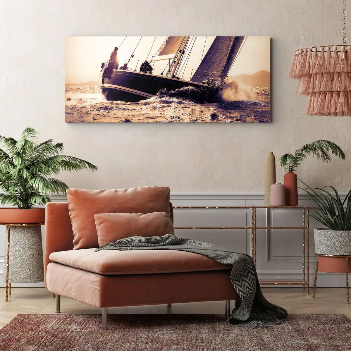 Cuadro sobre lienzo - Impresión de Imagen - Un yate en un mar tempestuoso a la luz del sol poniente. - 140x50cm - Navega, marinero - Decoración de pared moderna para salón y dormitorio ARTTOR