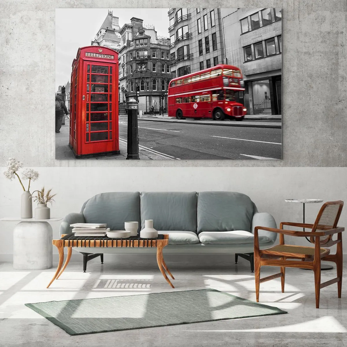 Cuadro sobre vidrio - Impresiones sobre Vidrio - Cabina telefónica roja y autobús en Londres - 120x80cm - El más rojo de Europa - Decoración de pared moderna para salón y dormitorio ARTTOR