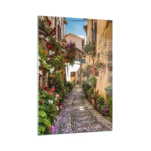 Cuadro sobre vidrio - Impresiones sobre Vidrio - Un encantador callejón italiano con flores en macetas y una calle adoquinada. - 50x70cm - Callejón italiano - Decoración de pared moderna para salón y dormitorio ARTTOR