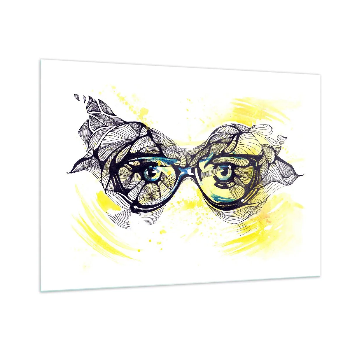 Cuadro sobre vidrio - Impresiones sobre Vidrio - Gafas con patrones artísticos y ojos sobre un fondo en tonos amarillos. - 100x70cm - A través de las gafas azules - Decoración de pared moderna para salón y dormitorio ARTTOR