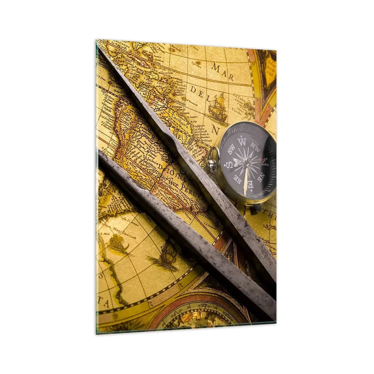 Cuadro sobre vidrio - Impresiones sobre Vidrio - Un mapa del mundo antiguo con una brújula y un par de brújulas en el fondo. - 80x120cm - ¿Dónde están los tesoros? - Decoración de pared moderna para salón y dormitorio ARTTOR