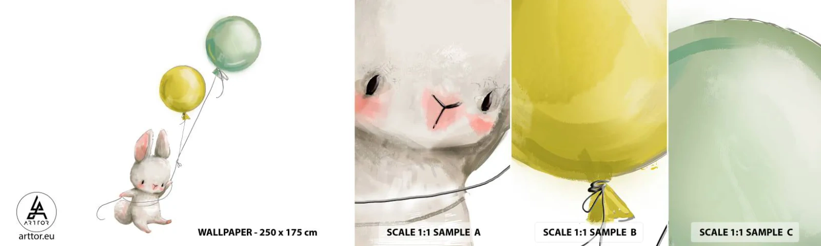 Muestra De Fotomural Standard Eco - ¡Yo también volaré! - Para niños, Conejo, Globos coloridos - 100x30 cm
