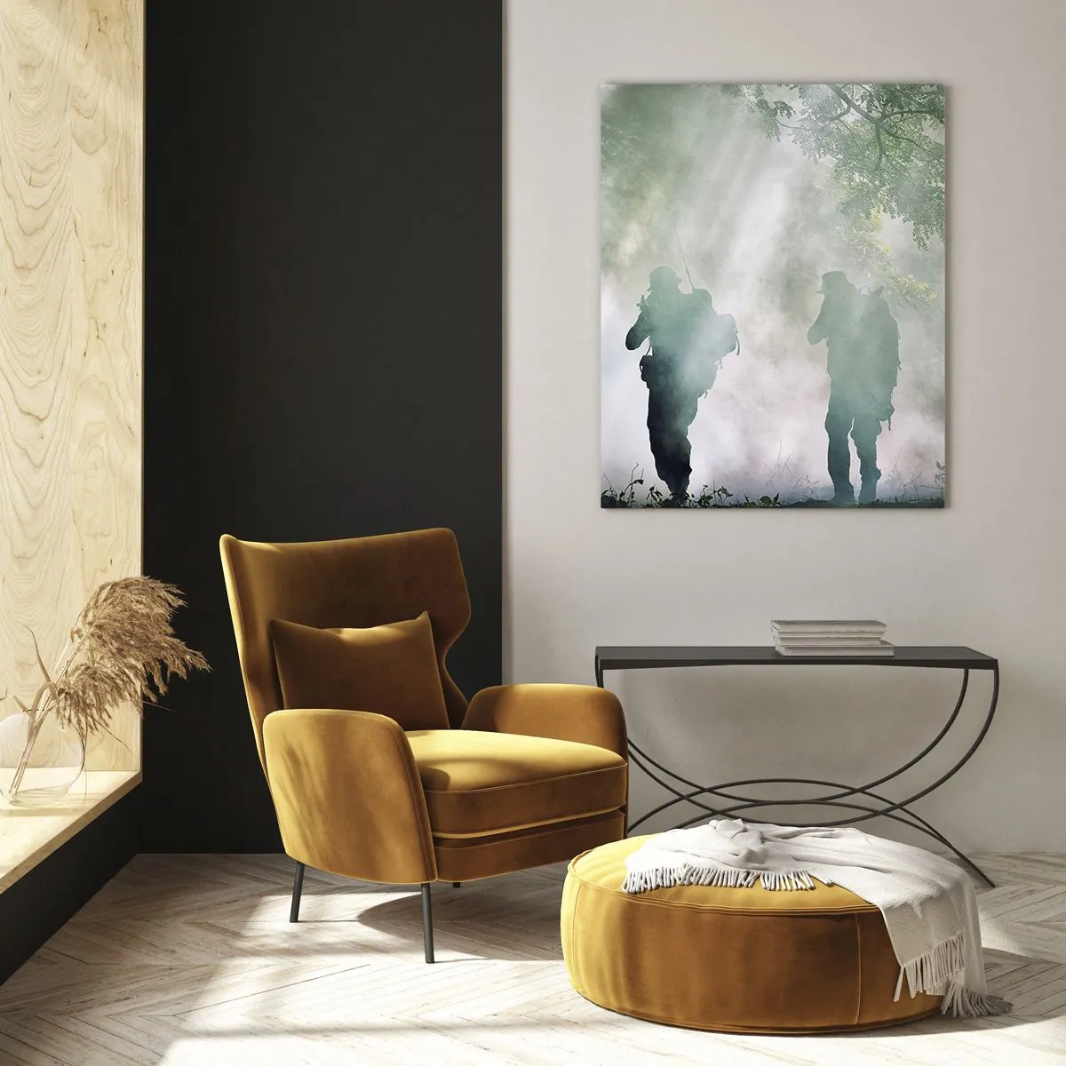 Cuadro sobre vidrio - Impresiones sobre Vidrio - Siluetas de soldados en un bosque rodeado de niebla. - 80x120cm - Uno para todos... - Decoración de pared moderna para salón y dormitorio ARTTOR