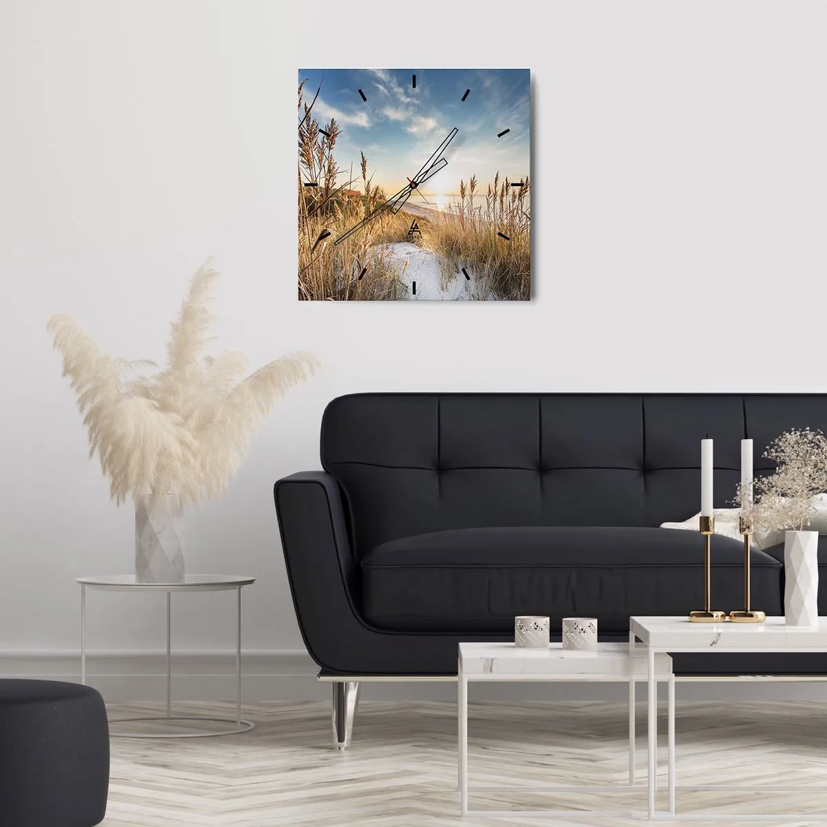 Reloj de pared - Reloj de vidrio - Una playa pintoresca con césped y la puesta de sol. - 30x30cm - Playa del norte - Decoración de pared moderna para salón y dormitorio ARTTOR