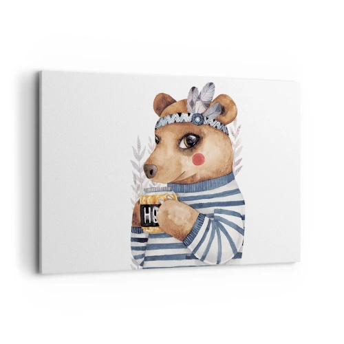 Cuadro sobre lienzo - Impresión de Imagen - Un osito de peluche con un suéter de rayas y una taza de miel. - 120x80cm - Dulce oso - Decoración de pared moderna para salón y dormitorio ARTTOR