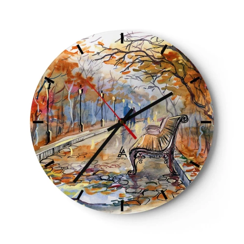 Reloj de pared - Reloj de vidrio - Parque otoñal con un banco en estilo acuarela - 30x30cm - Caminemos juntos hacia el otoño - Decoración de pared moderna para salón, cocina y dormitorio ARTTOR