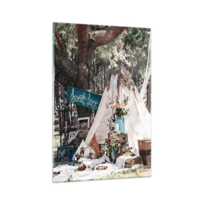 Cuadro sobre vidrio - Impresiones sobre Vidrio - Decoración boho con un tipi en el bosque - 70x100cm - Amor exótico - Decoración de pared moderna para salón y dormitorio ARTTOR
