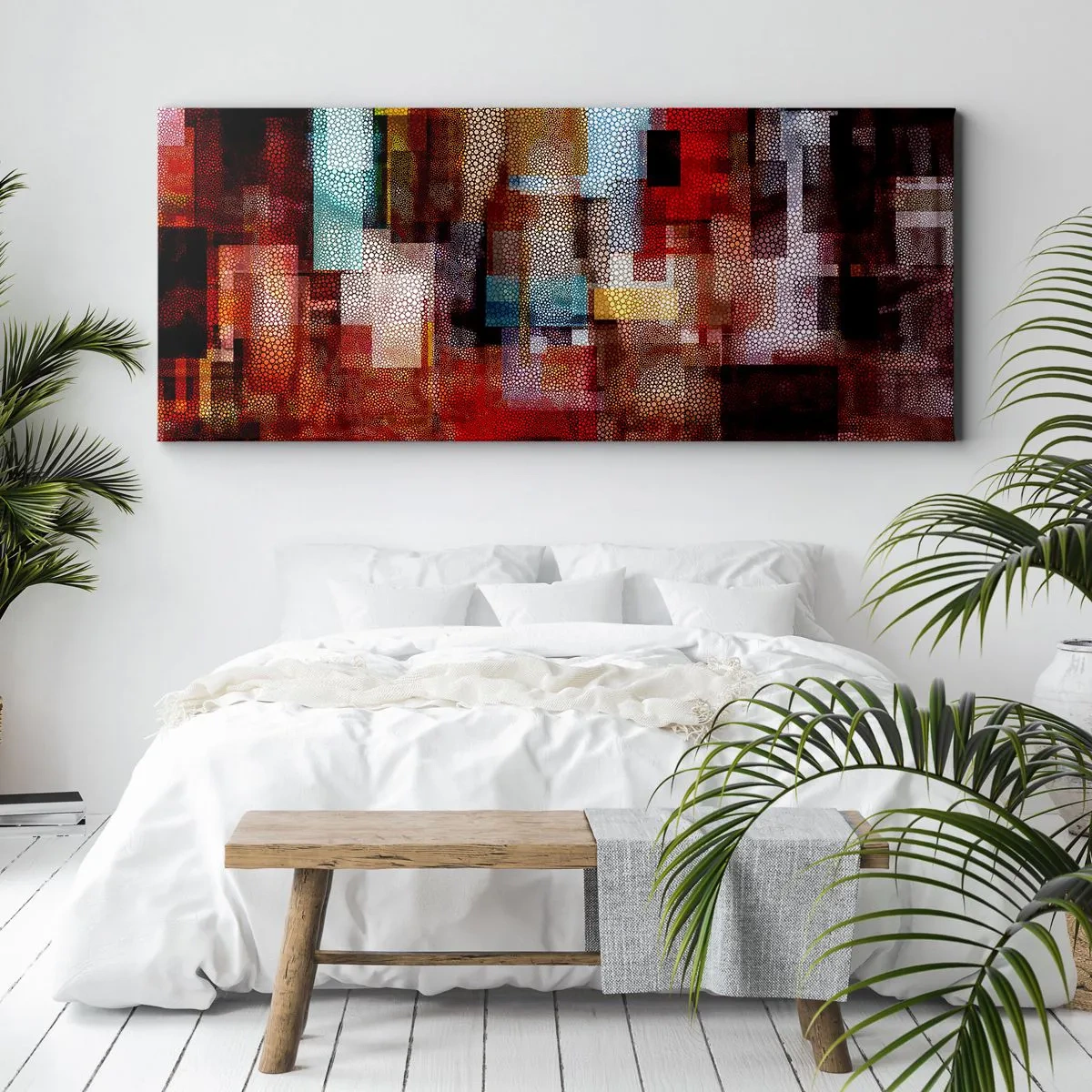 Cuadro sobre lienzo - Impresión de Imagen - Abstracción geométrica en intensos tonos rojos. - 160x50cm - Confusión y desconcierto - Decoración de pared moderna para salón y dormitorio ARTTOR