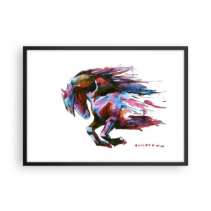 Póster en marco negro - Un caballo en colores abstractos dinámicos que simboliza la libertad. - 70x50cm - En éxtasis - Decoración de pared moderna para salón y dormitorio ARTTOR