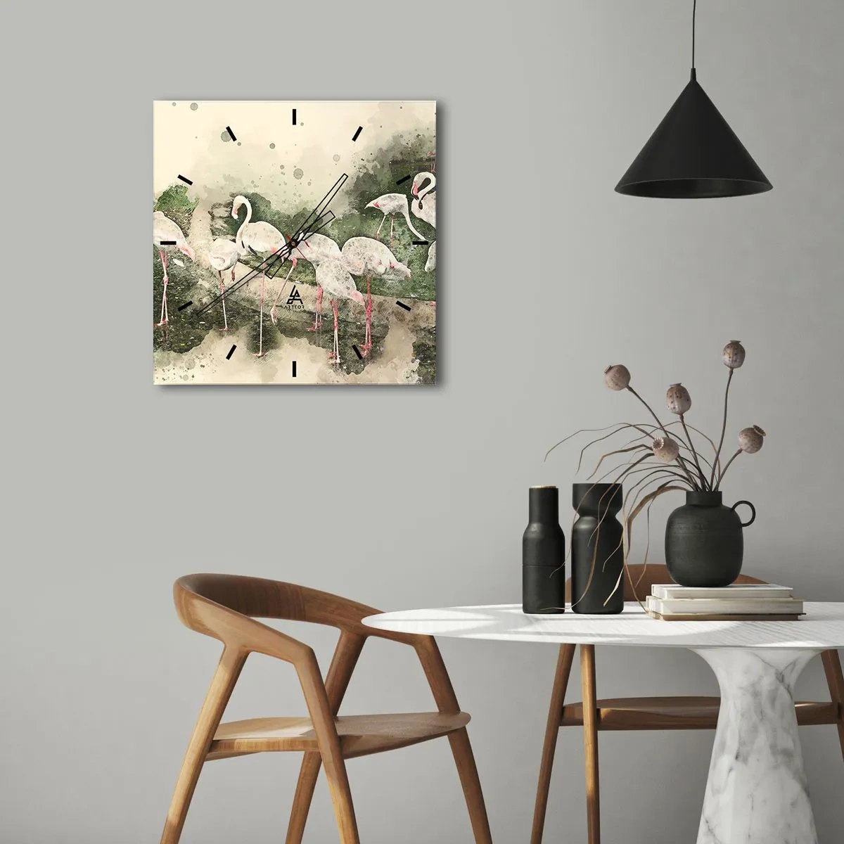 Reloj de pared - Reloj de vidrio - Flamencos en su entorno natural en estilo acuarela. - 30x30cm - Un sueño exótico - Decoración de pared moderna para salón y dormitorio ARTTOR