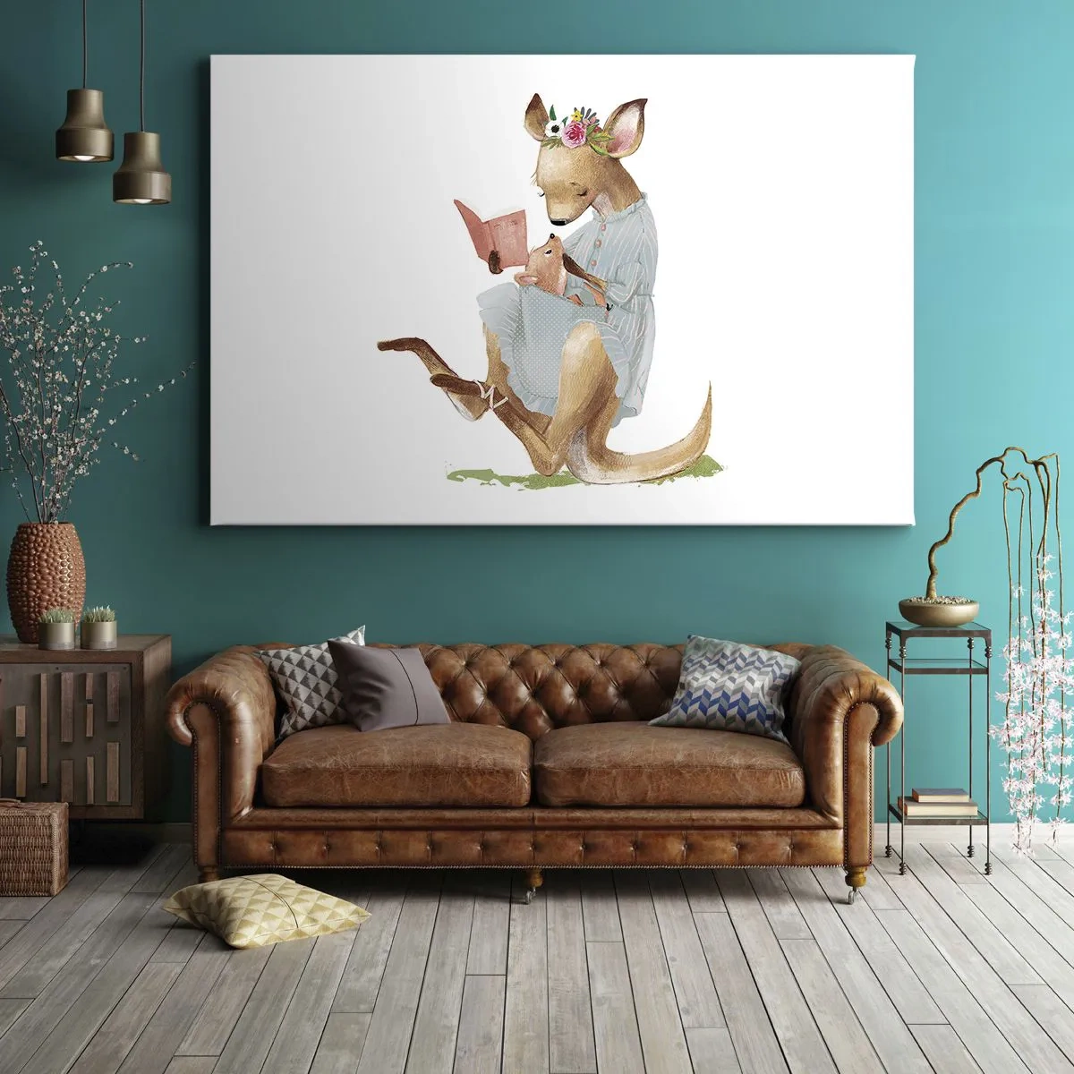 Cuadro sobre lienzo - Impresión de Imagen - Kanga leyendo un libro con un bebé - 70x50cm - Léeme un cuento, mamá - Decoración de pared moderna para salón y dormitorio ARTTOR