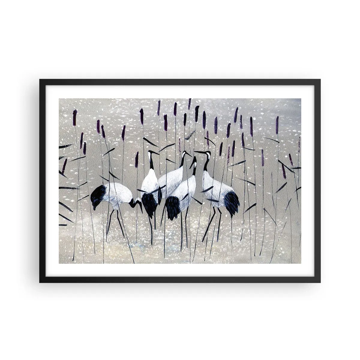 Póster en marco negro - Garzas en la hierba contra un fondo tranquilo - 70x50cm - Entre los suyos - Decoración de pared moderna para salón y dormitorio ARTTOR