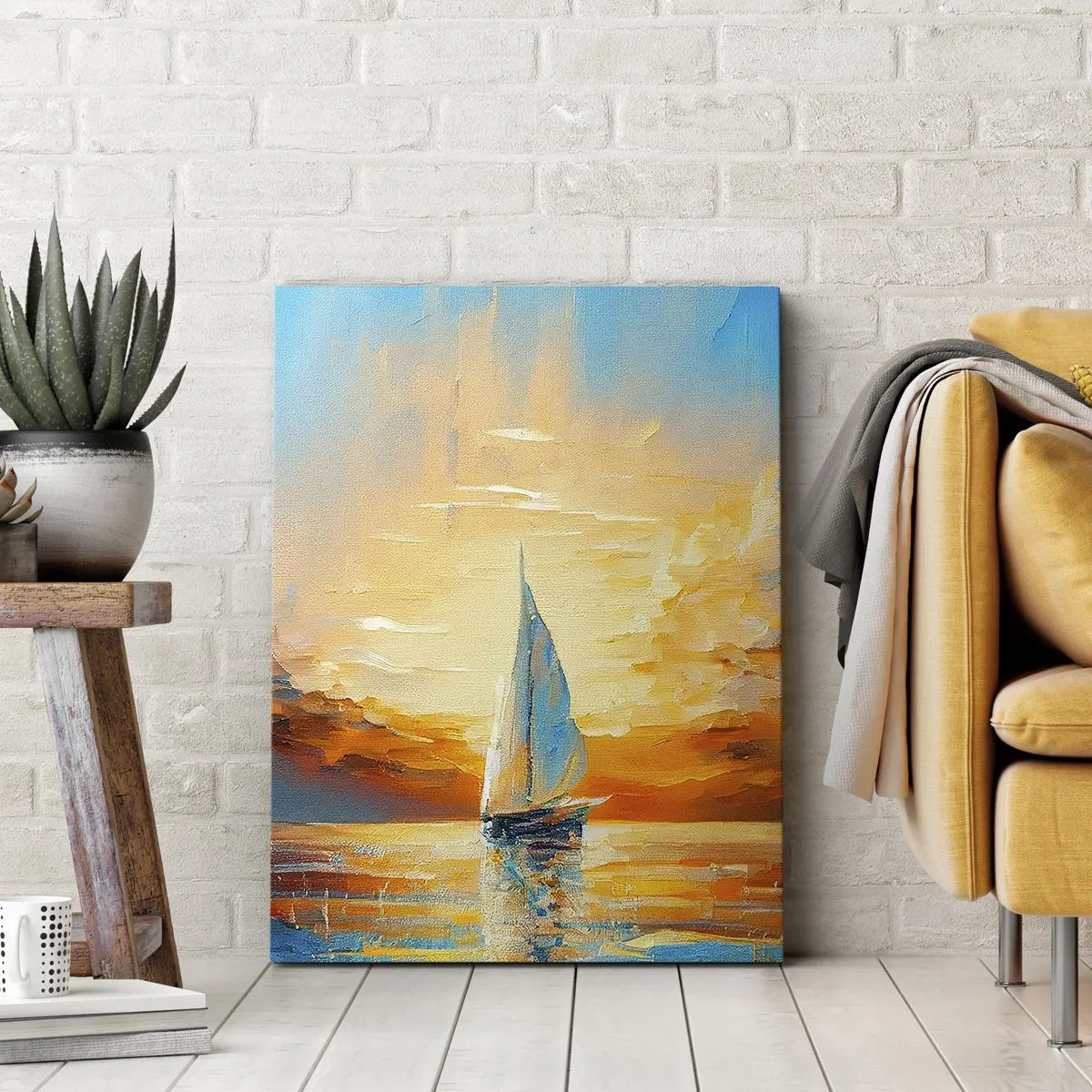 Cuadro sobre lienzo - Impresión de Imagen - Un velero con el sol poniente y nubes de colores como telón de fondo. - 50x70cm - Navegando en oro - Decoración de pared moderna para salón y dormitorio ARTTOR