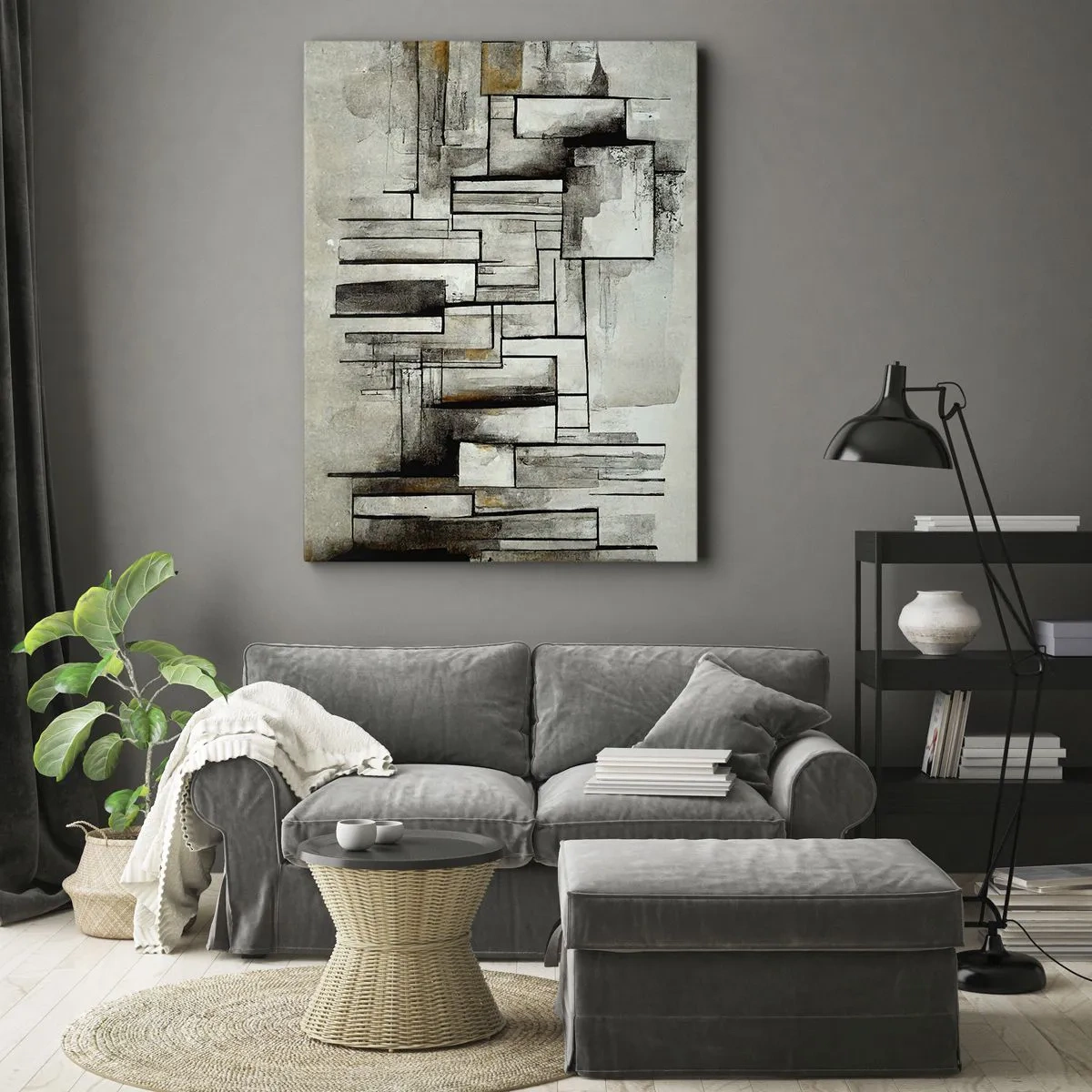 Cuadro sobre lienzo - Impresión de Imagen - Rectángulos abstractos en tonos de gris y negro. - 80x120cm - El poder de la sencillez - Decoración de pared moderna para salón y dormitorio ARTTOR
