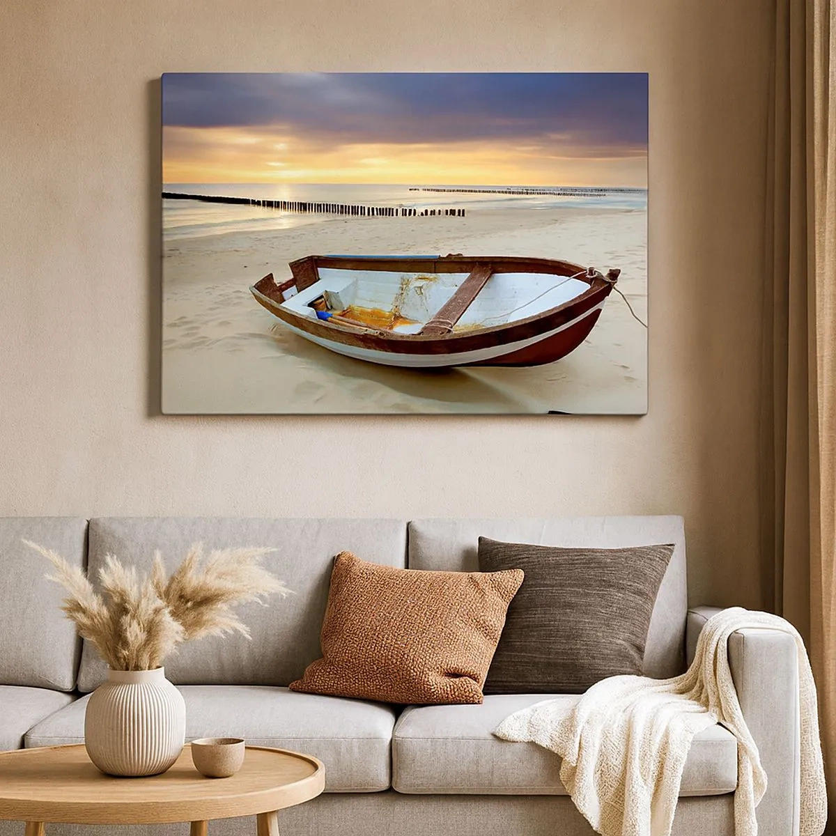 Cuadro sobre lienzo - Impresión de Imagen - Un barco en una playa de arena al atardecer. - 70x50cm - No hay playas más bonitas - Decoración de pared moderna para salón y dormitorio ARTTOR