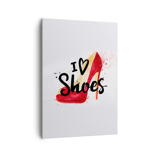 Cuadro sobre lienzo - Impresión de Imagen - Stiletto rojo con la inscripción I love Shoes sobre fondo blanco - 50x70cm - El amor tiene más de un nombre - Decoración de pared moderna para salón y dormitorio ARTTOR