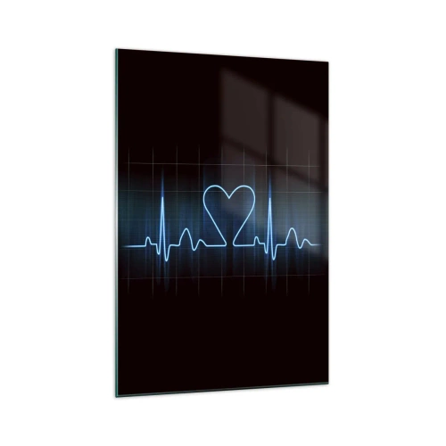 Cuadro sobre vidrio - Impresiones sobre Vidrio - Una línea salvavidas con un corazón sobre un fondo de monitoreo médico en tonos azules. - 70x100cm - El ritmo del corazón - Decoración de pared moderna para salón y dormitorio ARTTOR