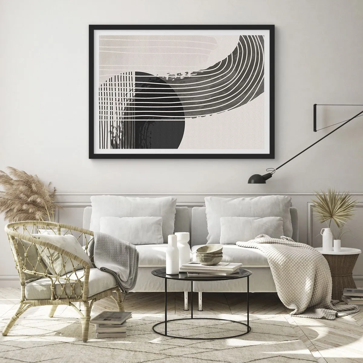 Póster en marco negro - Patrón abstracto con líneas y formas geométricas. - 70x50cm - Ida y vuelta - Decoración de pared moderna para salón y dormitorio ARTTOR