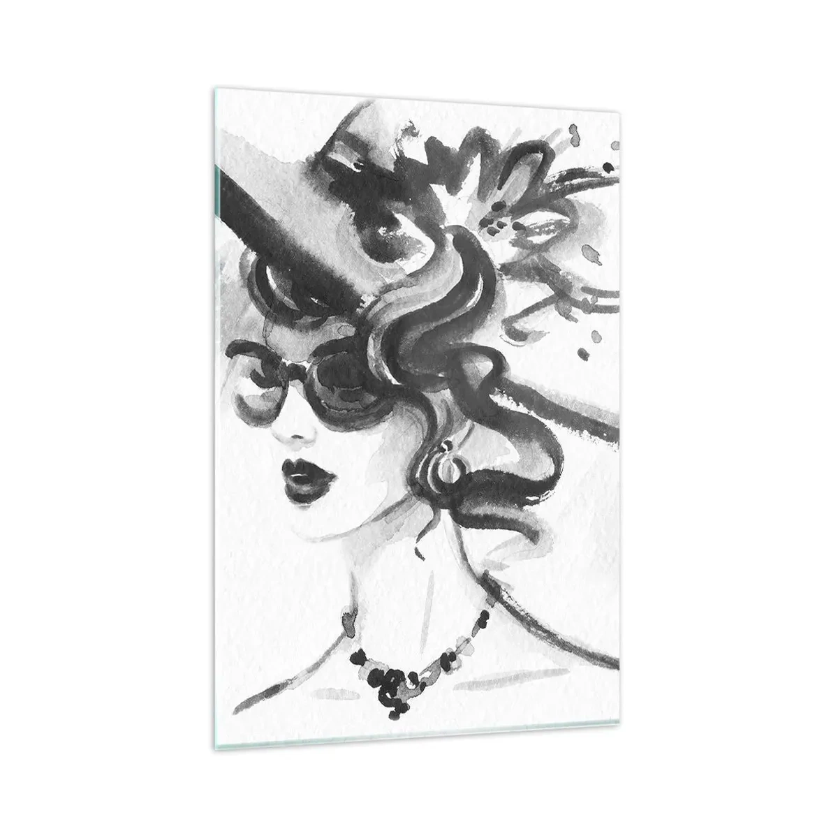 Cuadro sobre vidrio - Impresiones sobre Vidrio - Mujer elegante con sombrero en estilo blanco y negro - 80x120cm - Una dama con carácter - Decoración de pared moderna para salón y dormitorio ARTTOR