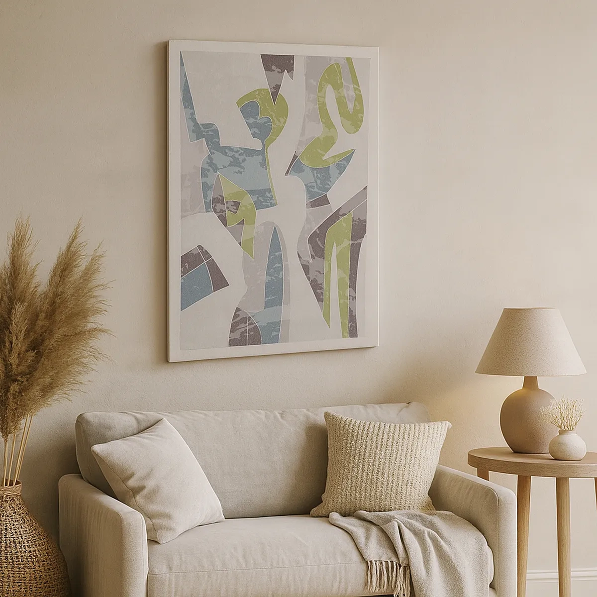 Cuadro sobre lienzo - Impresión de Imagen - Formas abstractas en verde y azul sobre un fondo claro - 50x70cm - Composición tras vidriera - Decoración de pared moderna para salón y dormitorio ARTTOR