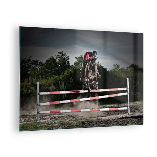 Cuadro sobre vidrio - Impresiones sobre Vidrio - Un jinete a caballo salta un obstáculo con la naturaleza como telón de fondo. - 70x50cm - Juntos por la victoria - Decoración de pared moderna para salón y dormitorio ARTTOR