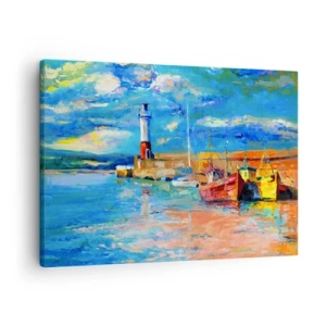 Cuadro sobre lienzo - Impresión de Imagen - Puerto pesquero con barcos y un faro en colores vivos - 70x50cm - Tarde en la bahía del arco iris - Decoración de pared moderna para salón y dormitorio ARTTOR
