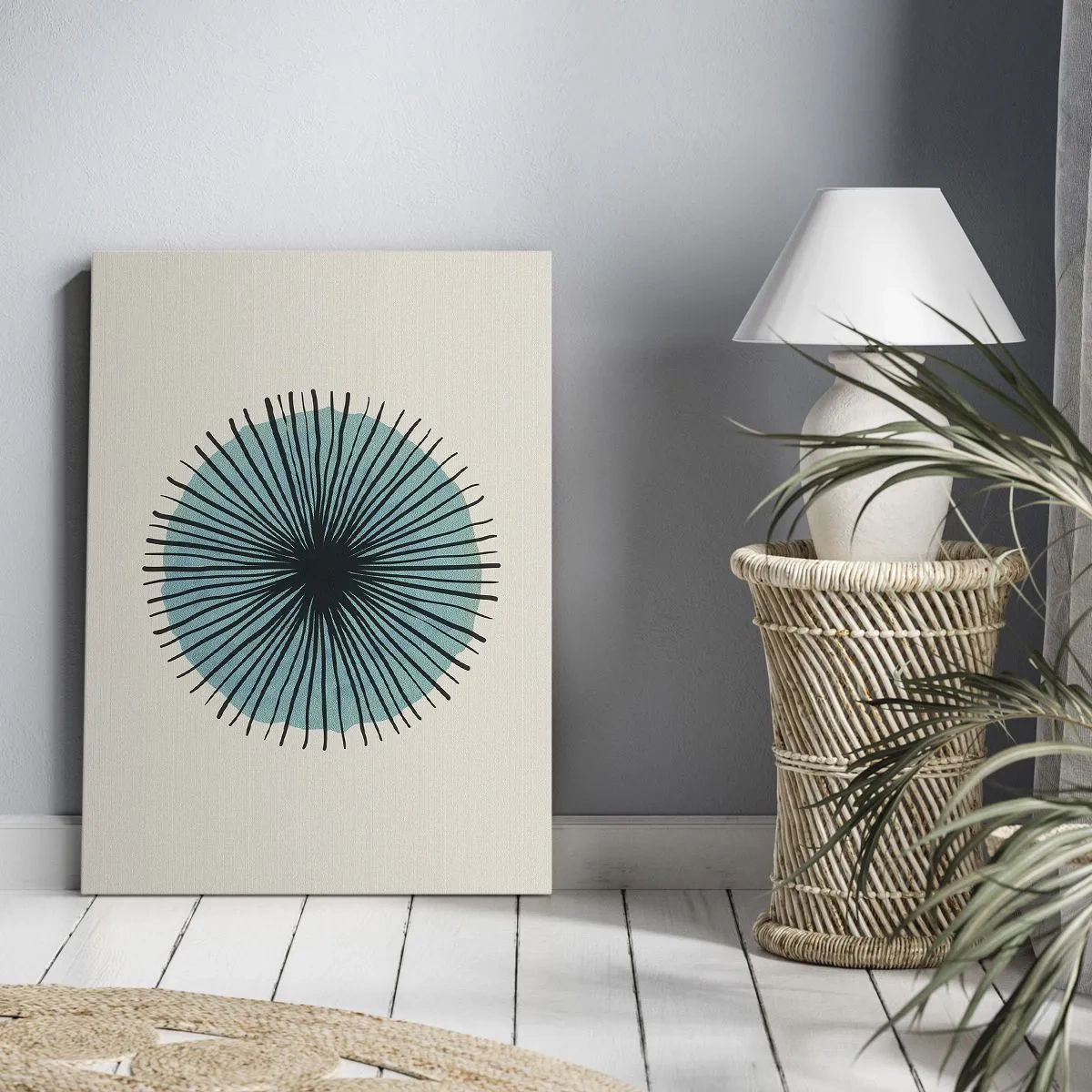 Cuadro sobre lienzo - Impresión de Imagen - Forma circular abstracta con rayos azules - 80x120cm - Radiante en azul - Decoración de pared moderna para salón y dormitorio ARTTOR