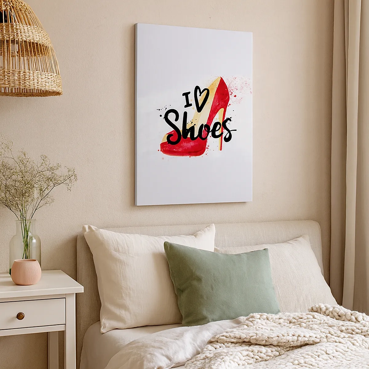 Cuadro sobre lienzo - Impresión de Imagen - Stiletto rojo con la inscripción I love Shoes sobre fondo blanco - 50x70cm - El amor tiene más de un nombre - Decoración de pared moderna para salón y dormitorio ARTTOR