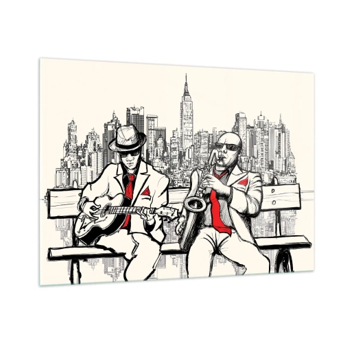 Cuadro sobre vidrio - Impresiones sobre Vidrio - Dos músicos de jazz tocando con el horizonte de la ciudad como telón de fondo. - 100x70cm - Improvisación en Nueva York - Decoración de pared moderna para salón y dormitorio ARTTOR