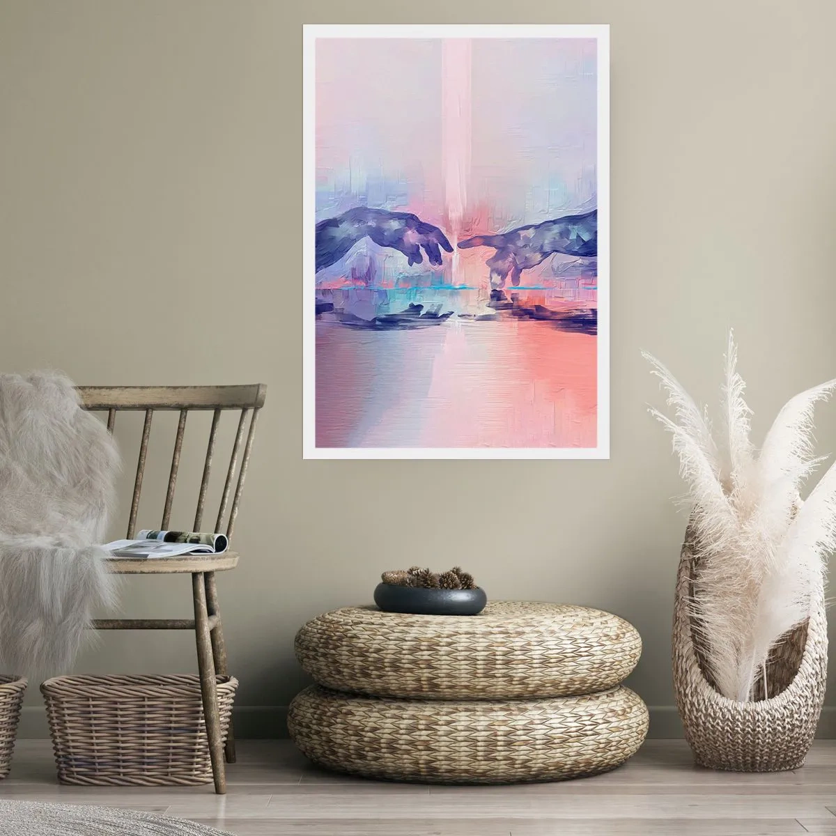 Póster - Manos abstractas en colores pastel - 50x70cm - Chispa divina de vida - Decoración de pared moderna para salón y dormitorio ARTTOR