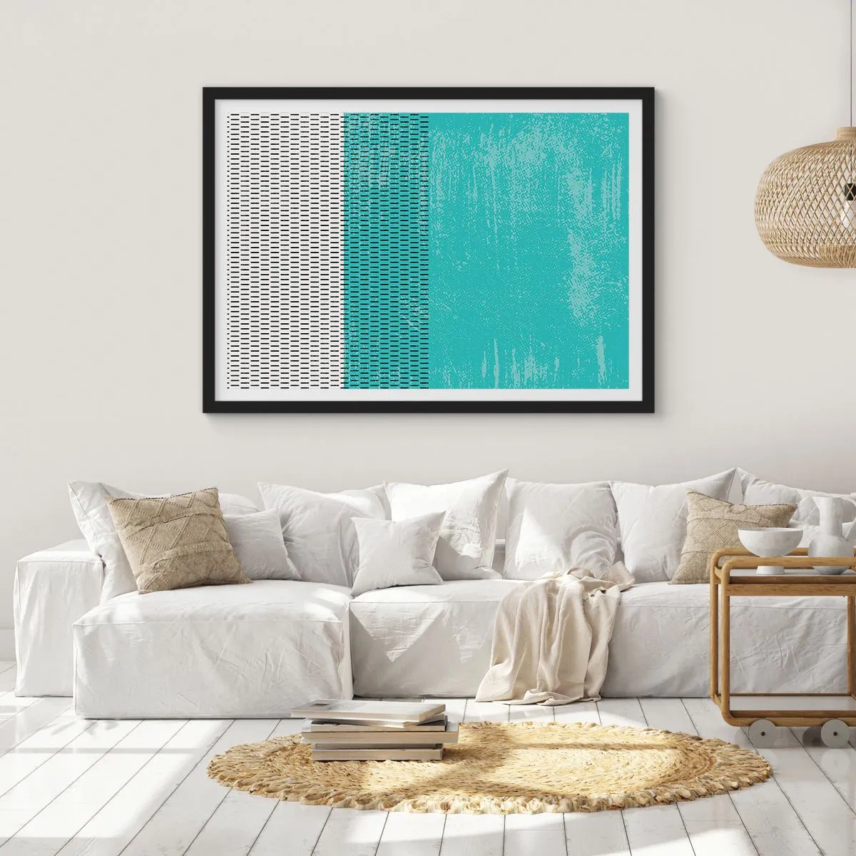Póster en marco negro - Composición geométrica con turquesa y líneas. - 70x50cm - Composición equilibrada - Decoración de pared moderna para salón y dormitorio ARTTOR