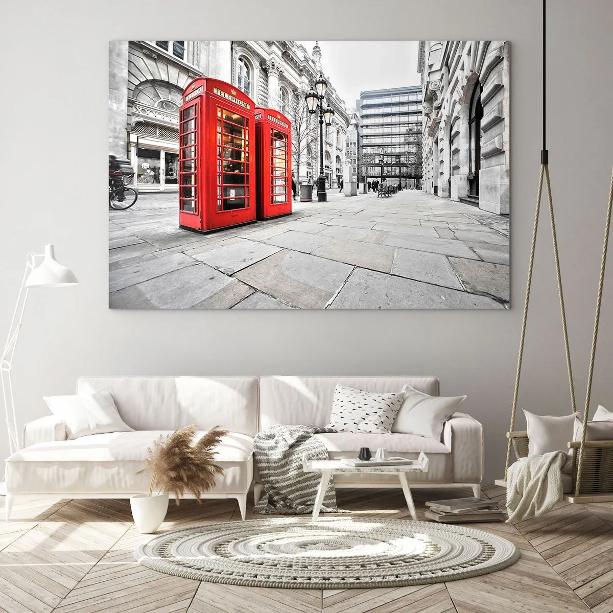 Cuadro sobre vidrio - Impresiones sobre Vidrio - Cabinas telefónicas rojas con el telón de fondo de una calle de la ciudad - 120x80cm - Bienvenido a Londres - Decoración de pared moderna para salón y dormitorio ARTTOR