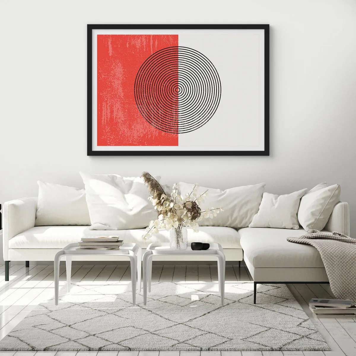 Póster en marco negro - Patrón geométrico con círculos concéntricos sobre un fondo rojo y blanco. - 70x50cm - En el corazón de la misma - Decoración de pared moderna para salón y dormitorio ARTTOR